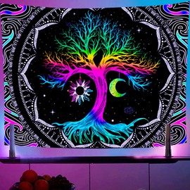 Hyakoz Fluorescence UV Tree of Life Tapestry, Psychedelic Tapestry, Tree of Life, Moon, Sun Wall Decoration, Aesthetic Nature, Trippy Wall Hanging, Landscape for Bedroom, Home Decoration
