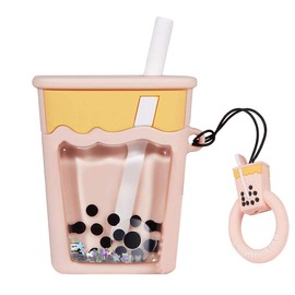 Compatible with AirPods 1st 2nd Boba Milk Tea Case Cover, Protective Silicone Women Funny Kawaii Cute Fashion Cartoon 3D Skin Cover for AirPod Case Liquid Quicksand Tea with Ring