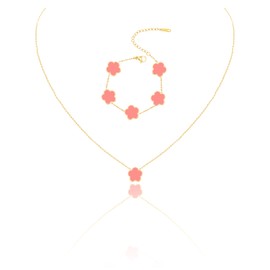 JIEMUCHU Gold Plated Stainless Steel Four Leaf Clover Bracelet and Necklace Jewelry Set for Women (Pink-Gold Plated)