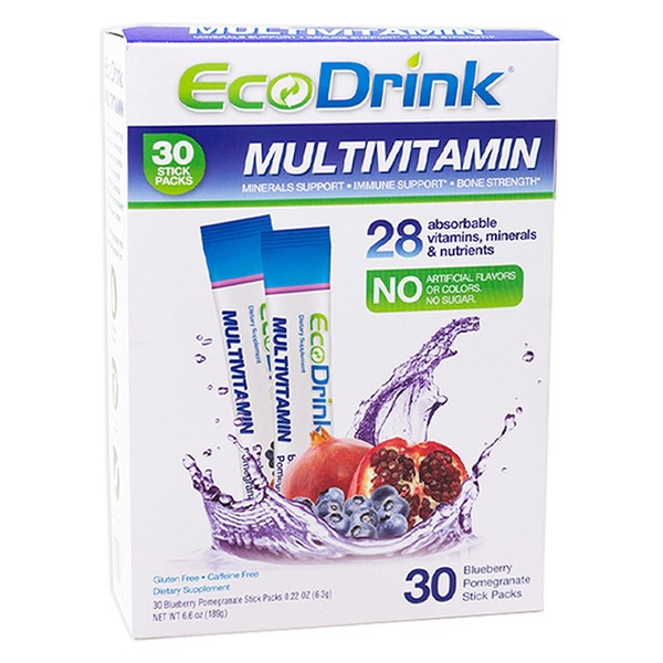 EcoDrink Multivitamin Energy Powder Drink Mix - Electrolytes Antioxidants Nutrients - Caffeine Free - Blueberry Pomegranate Flavor Powder, 30 Packets