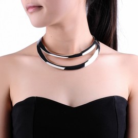 Jerollin Two-layers Stainless Steel Silver Statement Open Choker Bib Necklace Silver