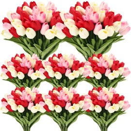 Janinka 60pcs Artificial Tulip Flowers Fake PU Tulips Faux Latex Bouquet Flower Centerpieces Arrangement Floral for Mother Day Wedding Spring Decorations (Milk White,Red,Pink)