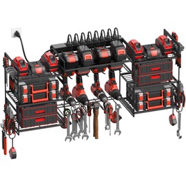 CCCEI Black Power Tools Organizers Wall Mount, Large Tools and Battery Storage Rack Charging Station. 8 Drill Holder, All Metal, Garage Utility Shelves with 10FT Power Strip. Gifts for Men.