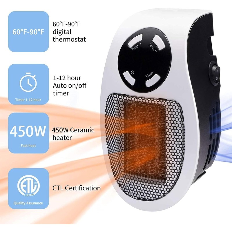 Wall Space Heater 450W Remote Portable Electric Heater with Programmable