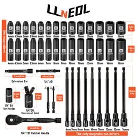 LLNEDL 1/4 inch Drive Socket Set & Nut Driver Set 44PCS, Metric Sockets Deep&Shallow (4-15mm) with Ratchet, 6" Magnetic Nut Drivers with 1/4" Hex Shank(6-14mm), Drill Bits (PH1/PH2)