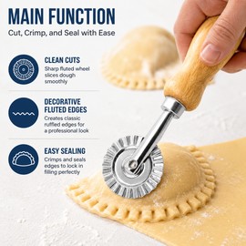 Ravioli Cutter for Pasta & Pastry – Fluted Stainless Steel Wheel with Wood Handle for Dumplings, Pies & Cookies