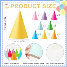 HEYTIMI 24 PCS Birthday Party Cone Hats 8 Colors Party Hat Cone Paper Hats Colorful Hats with Elastic Cord Assorted Colors for Birthday Party Baby Shower Anniversaries