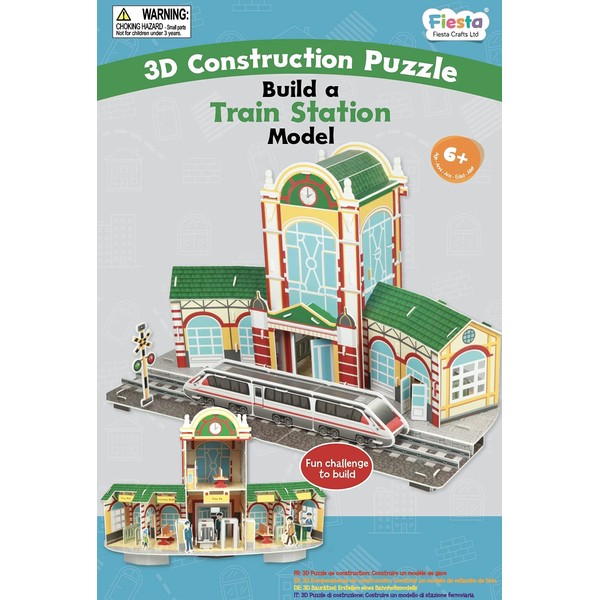 Fiesta Crafts Build A Train Station 3D Construction Puzzle Model Craft Kits for Kids - Educational DIY Craft Toy with Suitable staff and train for Ages 6 Year+
