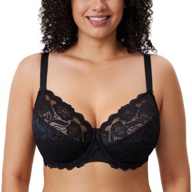 DELIMIRA Women's Plus Size Bras Full Coverage Lace Underwire Unlined Bra Black 44DD
