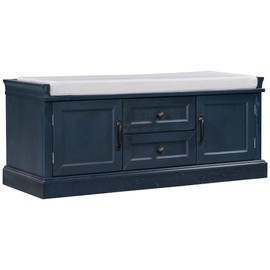 LUMISOL Storage Bench with 2 Drawers and 2 Cabinets, Entryway Storage Ottoman with Removable Cushions, Shoe Bench for Entryway, Living Room, Blue