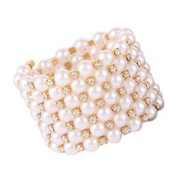 Fuqimanman2020 Multi Row Imitition Pearl Stretch Bracelet Stackable Crystal Strand Multi-Layered Elastic Bangle for Women 1920s Costume Vintage Bridal Wedding Jewelry-Gold A