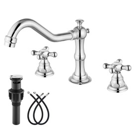 gotonovo Bathroom Faucet 3 Hole 8 Inch Widespread Bathroom Sink Faucet 2 Cross Handles Vintage Lavatory Vanity Mixer Tap with Pop Up Drain, HOT Cold Label, Polish Chrome