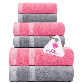 CASA COPENHAGEN Solitaire Mix 6 Pieces Towel Set- Light Grey + Pink, 600 GSM 2Bath Towel 2Hand Towel 2Washcloth, Designed in Denmark Made of Soft Egyptian Cotton for Bathroom, Kitchen & Shower