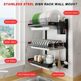 Wall Mounted Dish Drying Rack, 3 Tier Hanging Dish Rack Drainer, Wall Mount Kitchen Plate Organizer Storage Shelf with Drain Tray and 3 Hook, Stainless Steel, Black, Large, Ajustable Height (21.8")