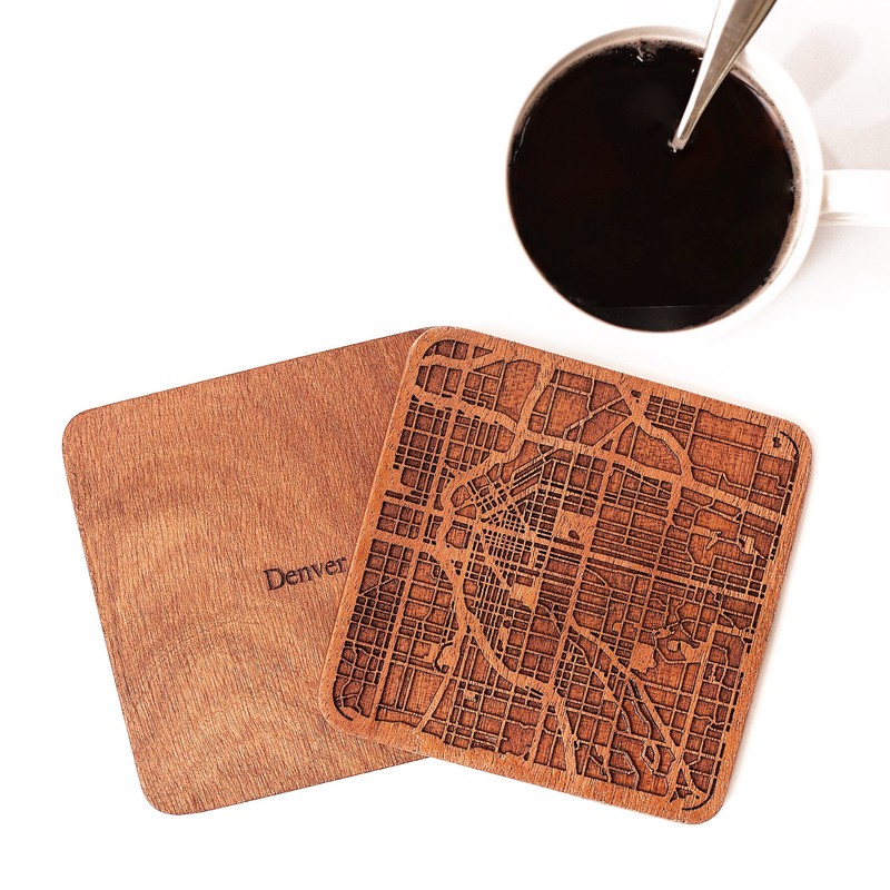 Denver Map Coaster, Set of 4, Sapele Wooden Coaster with
