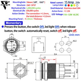 15 Amp Momentary Push Button Switch 16mm 5/8" Red Waterproof IP67 110V 120V AC 1NO SPST with LED Angel Eye Head Stainless Steel On Off with Wire Socket
