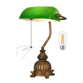 Newrays Retro Green Glass Bankers Desk Lamp for Home Office,Library with Pull Chain Switch Plug in Fixture, LED Bulb Included