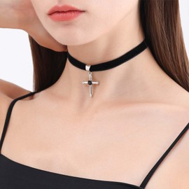 Yienate Gothic Black Velvet Cross Necklace Choker Vintage Silver Cross Pendant Necklace Statement Cross Charm Suede Necklace Chain Faith Crucifix Necklace Jewellery for Women, Zinc, No Gemstone