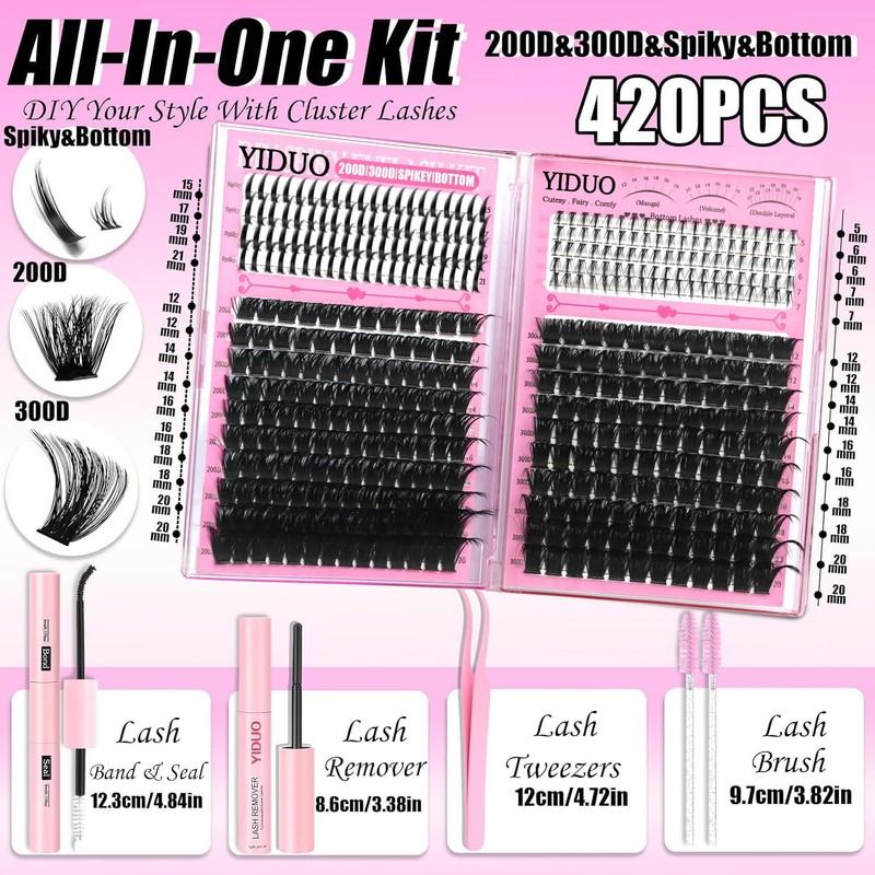 YIDUO Lashes Clusters Kit 200D+300D+Spikes+Bottom Cluster Lash Extensions Kit with