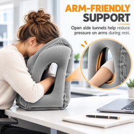 Inflatable Travel Pillow for Airplanes – Forward Leaning Head & Neck Support with Face and Arm Openings, Foldable Flight & Desk Nap Pillow