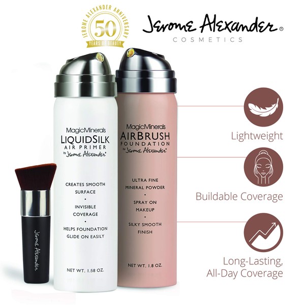 MagicMinerals AirBrush Foundation Set by Jerome Alexander (MEDIUM) – 3pc Set Includes Primer, Foundation and Kabuki Brush - Spray Makeup with Anti-aging Ingredients for Smooth Radiant Skin