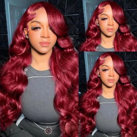 looksnow 99J Burgundy Lace Front Wigs Human Hair 180% Density Burgundy Wig Human Hair 13x4 Body Wave Lace Front Wigs Human Hair 26 Inch Wine Red Glueless Wigs Human Hair Pre Plucked with Baby Hair