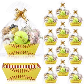 Kolldenn 12 Pack Softball Baskets for Gifts Empty Paper Gift Baskets with Cellophane Packaging Bags and Pull Bows Cardboard Softball Trays for Sports Party Favors Holiday Present Packaging