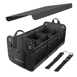 HAOKAY Car Trunk Organizer with Lid，Heavy Duty Extra Large Premium Black Oxford Multi Compartments Collapsible trunk organizer for SUV, Van, Truck, Sedan, Jeep （90L