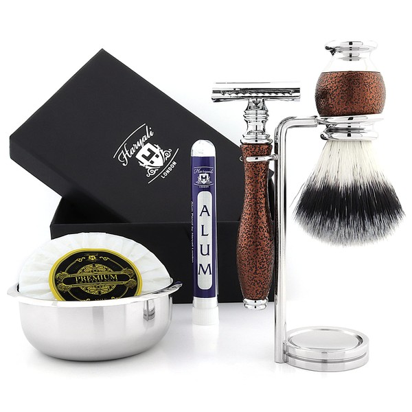 Haryali London Shaving Kit – 5 Pc Shaving Kit – Double Edge Safety Razor - Synthetic Hair Shaving Brush – Shaving Soap – Shaving Bowl – Shaving Stand – Antique Maroon Color Shaving Set as Gift