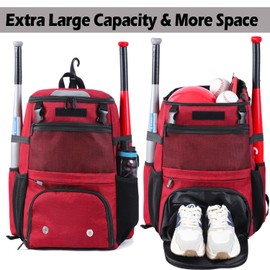 Baseball Backpack, Softball bag & T-Ball with Shoes Compartment for Youth, Boys and Adult, Lightweight Baseball Bag with Fence Hook Hold TBall Bat, Batting Mitten, Helmet, Caps, Teeball Gear