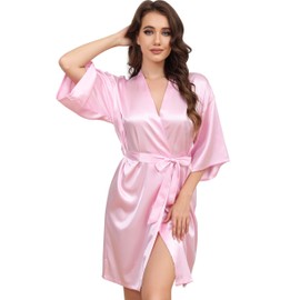 Starblazia Women's Satin Robe Dressing Gown Summer Silk Bridesmaids Robe Oblique V-Neck Short Style Bridal Dressing Gown for Women,M,Bright Pink