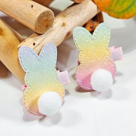 HIFANMM Easter Hair Clips for Girls, 2pcs Gradient Bunny with Cotton Tail Hair Accessories, Baby Hair Alligator Barrettes Cute Rabbit Hairpins Toddlers Kids for Party Princess Cosplay Decoration
