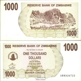 Prophila Collection Banknote Zimbabwe Pick-Nr: 44 UNC 2006 1,000 Dollars (Banknotes for Collectors - No Means of Payment) Landscapes