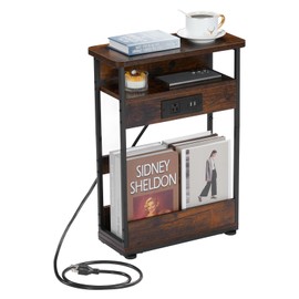 Narrow Side Table With Charging Station, 3-Tier End Table with 2 USB Ports & Power Outlets,Thin Sofa Side Table for Narrow and Small Spaces, Bedside Table Nightstand for Living Room,Rustic Brown