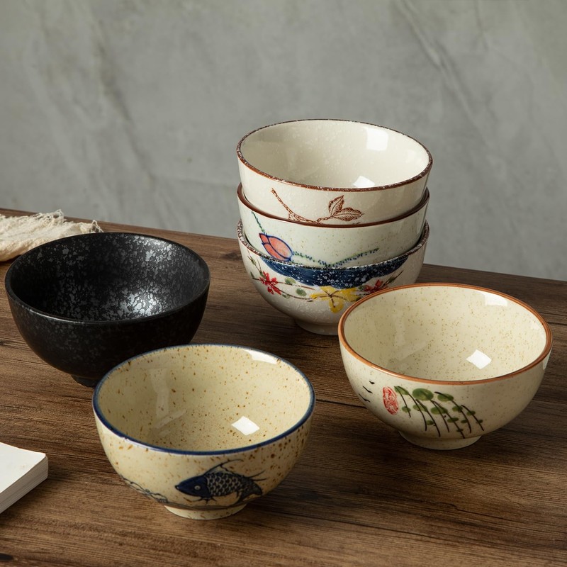 yaenoei 6 Pack Retro Ceramic Bowls, Hand-painted 4.5 Inch Japanese