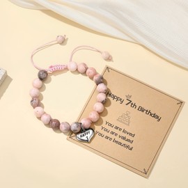 MIXJOY Happy 7th Birthday Bracelet Gifts, Turning 7 Years Old Birthday Pink Beads Braided Rope Bracelet for Daughter Granddaughter Niece, Bday Jewelry Age 7 yr Old Gifts, Adjustable, Gift Box