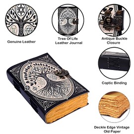 Tree of Life Book of Shadows Blank Spell Leather Journal Deckle Edge Paper Grimoire Printed Magic Tree of life Witchcraft Decor Notebook Aesthetic Vintage Leather Journal for Men and Women (7x5 Inch)