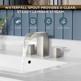 QFN Waterfall Bathroom Faucet 3 Hole Bathroom Sink Faucet with Metal Pop-up Drain and Cupc Hose, Brushed Nickel Lead-Free Bathroom Faucets Widespread Faucet for Bathroom Sink