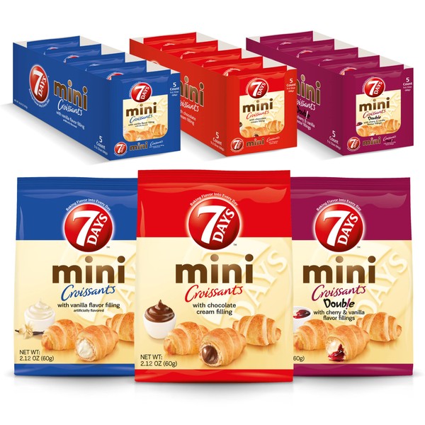 7Days Mini Croissant Pouches, 15-Count Variety: 5 Chocolate, 5 Vanilla, 5 Cherry Vanilla, Individual Size Snack Bag, On The Go Bakery Snacks (2.12oz, Pack of 15)