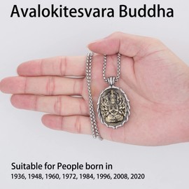 FAZOVIN Buddha Necklace for Men Stainless Steel Pendant Necklace Avalokitesvara Buddha Bodhisattva Amulet Patron Saint, Stainless Steel, crystal glass