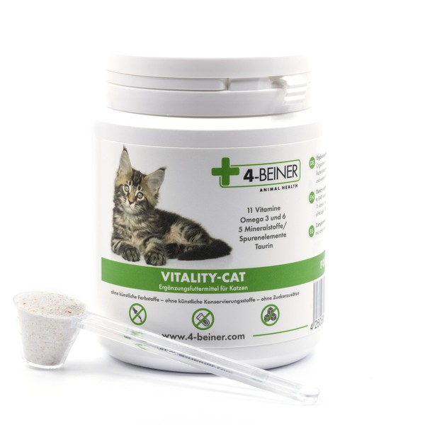 4-BEINER Vitality-Cat, 11 vitamines pour Chats Plus oméga 3, oméga 6, Zinc, sélénium, manganèse, cuivre, Fer, Taurine, multivitamines Chat, Poudre