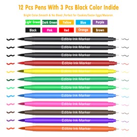 Edible Markers for Cookie Decorating,12Pcs Ultra Fine Tip(0.5mm) Food Coloring Pens, Upgrade Double Side Food Grade Pens for Decorating Fondant Cakes,Easter Eggs,Frosting,Macaron(10 Colors)