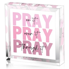 Pink Inspirational Decor Pray Over It Bible Verse Wall Art Christian Gifts for Women, 4x 4 Inches Pink Office Desk Accessories Decor Sign, Pink Dorm Room Decor for Women, Pink Acrylic Plaques Sign for Shelf Decor - pray on it pray over it pray through it