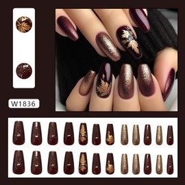 Tyuimhx Fall Maple Leaf Press on Nails Medium Coffin Fake Nails with Gold Glitter Designs Dark Red False Nail Acrylic Autumn Maple Leaves Stick on Nail for Women 24 Pcs