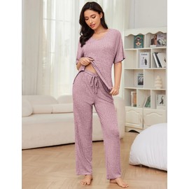 JiniGolla Womens Pajamas Ribbed Knit V Neck Lounge Wear Set 2 Piece Lounge Sets for Women Sleepwear Pink L