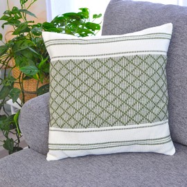 Outdoor/Indoor Throw Pillow Cover Olive Green/Off White, 20 x 20 inches, Geometric Square Cushion Cover, Decorative Patio Woven Pillowcase Single Piece