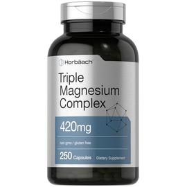 Complejo de magnesio triple | 420 mg | 250 cápsulas | Fórmula sin OMG y sin gluten | Suplemento dietético de óxido de magnesio, citrato y aspartato | 