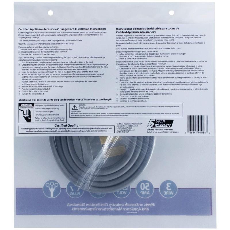 Certified Appliance Accessories 50-Amp Appliance Power Cord, 3 Prong Range