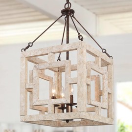 LALUZ Farmhouse Wood Chandelier, 4 Light Rustic Mid-Century Cube Wooden Chandeliers Light Fixture for Dining Room, Living Room, Bedrooms, Living Room, Entryway