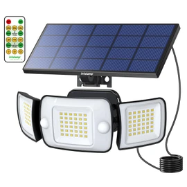 intelamp Solar Lights Outdoor, 3 Head Solar MotionSensor Lights for Outside, lP65 Waterproof,Separate Panel with 9FT Cable RemoteControl Wall Lights